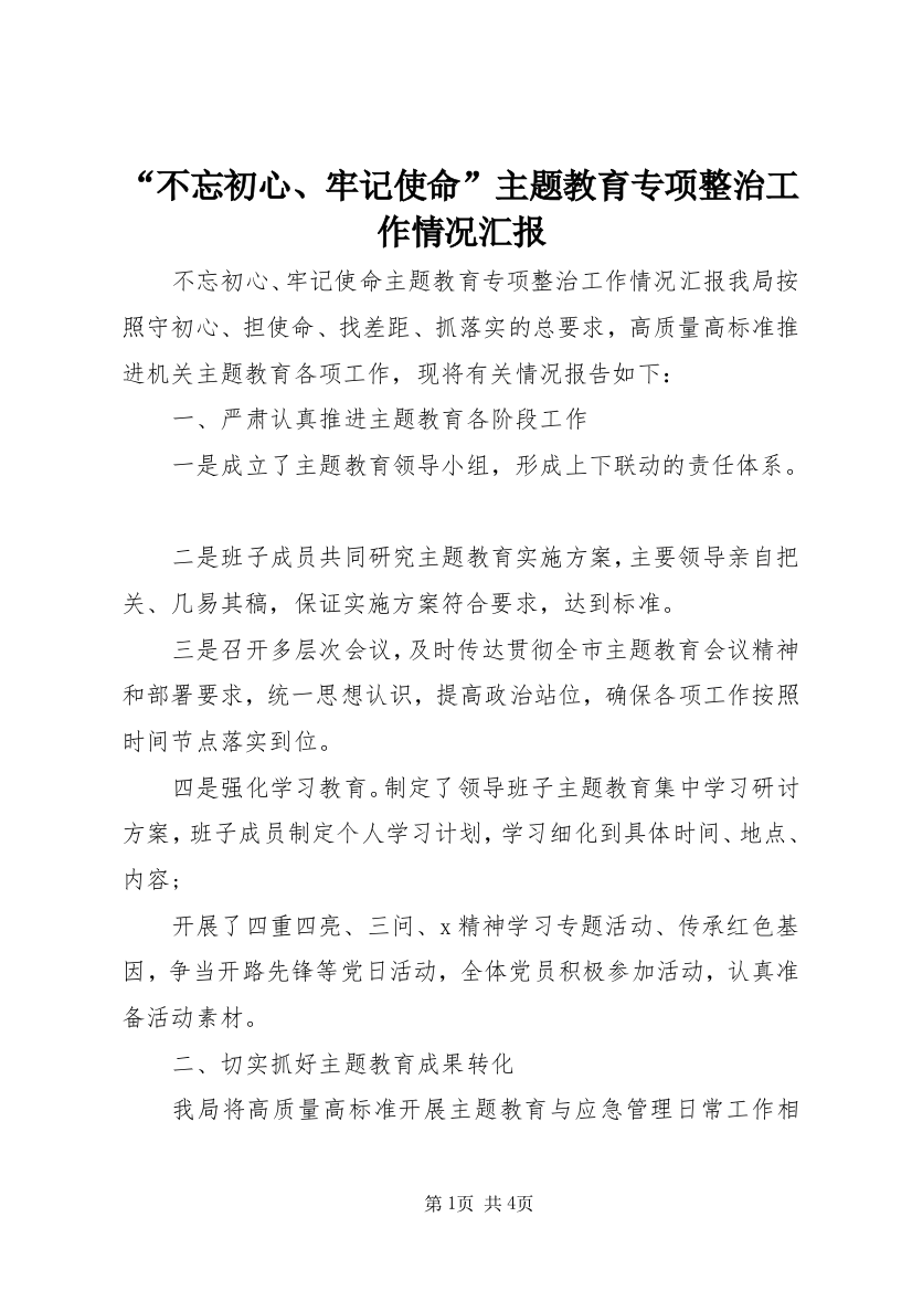 “不忘初心、牢记使命”主题教育专项整治工作情况汇报