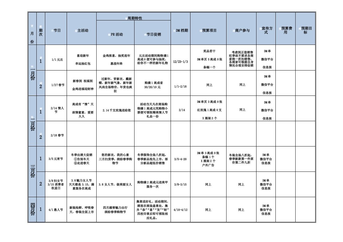 商场2015全年促销活动计划表