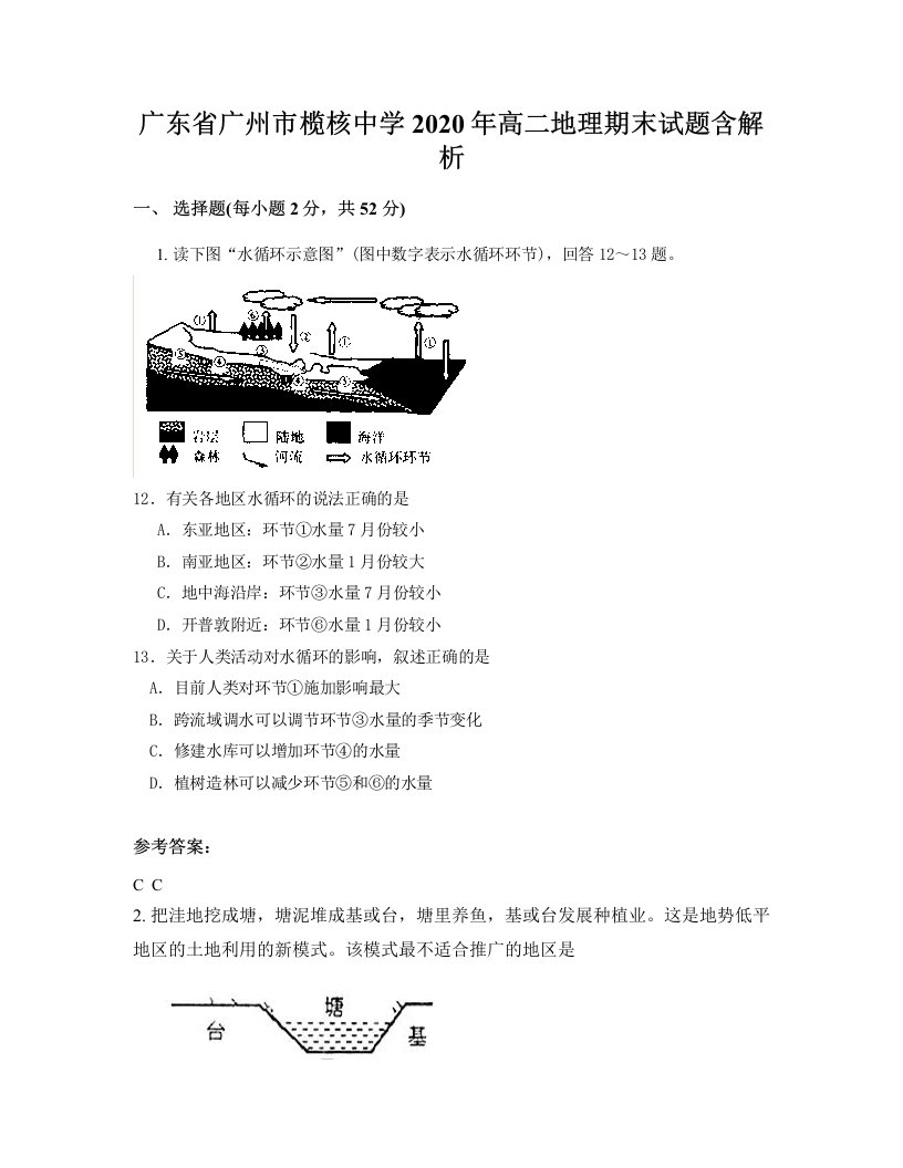 广东省广州市榄核中学2020年高二地理期末试题含解析