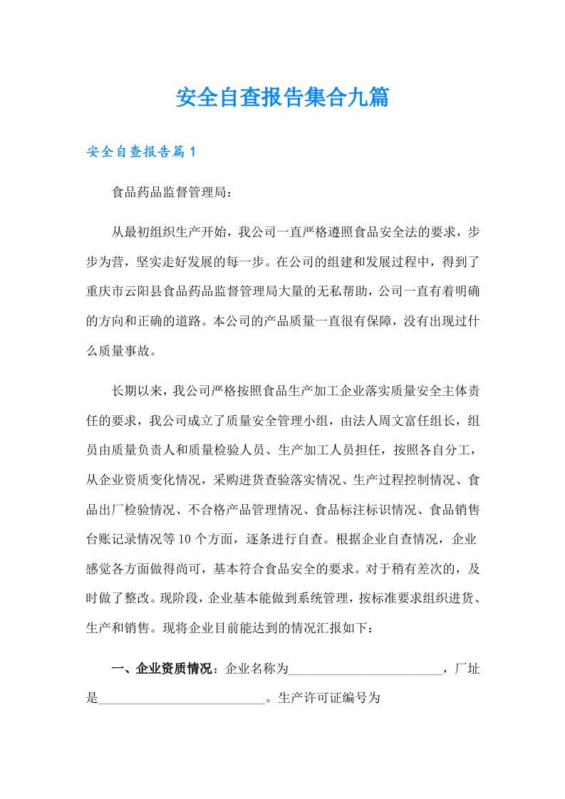 （可编辑）安全自查报告集合九篇