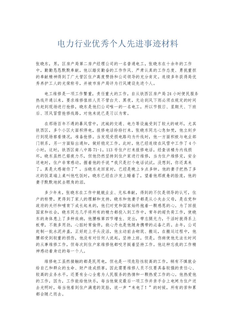 总结报告电力行业优秀个人先进事迹材料