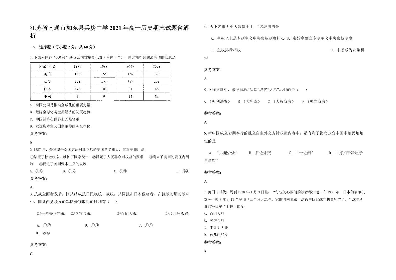 江苏省南通市如东县兵房中学2021年高一历史期末试题含解析