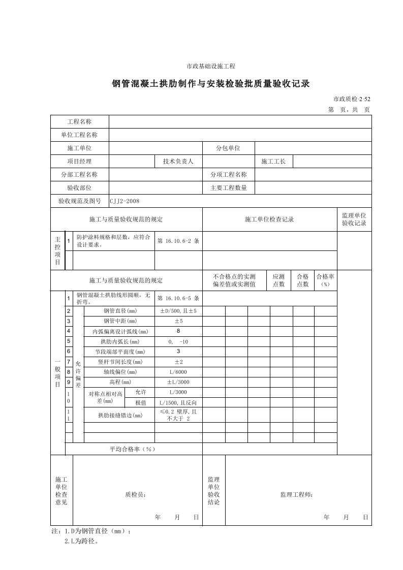 建筑工程-32052钢管混凝土拱肋制作与安装检验批质量验收记录