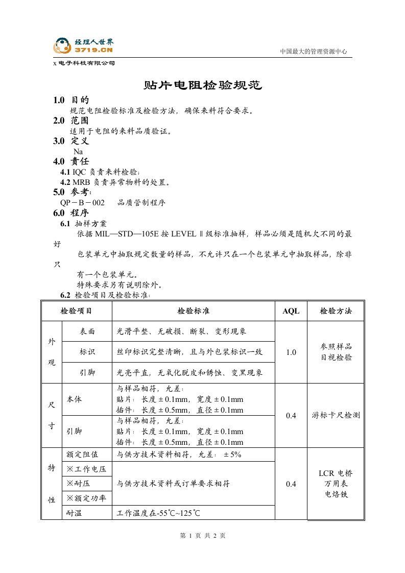 x赛龙电子IQC检验标准-电阻检验规范(doc)-质量检验