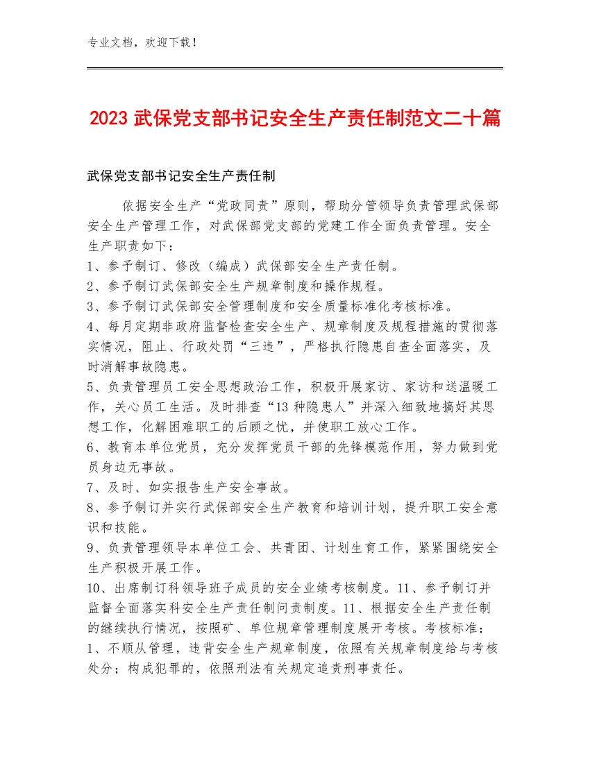 2023武保党支部书记安全生产责任制范文二十篇