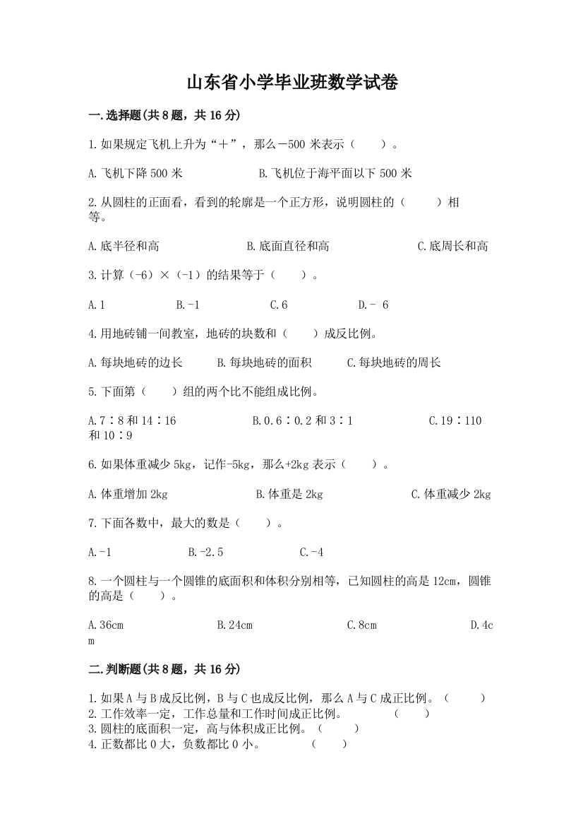 山东省小学毕业班数学试卷（精华版）