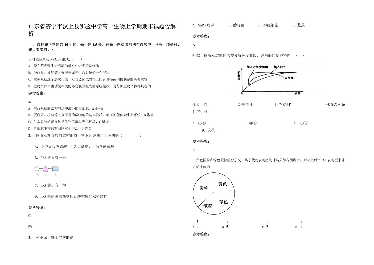 山东省济宁市汶上县实验中学高一生物上学期期末试题含解析