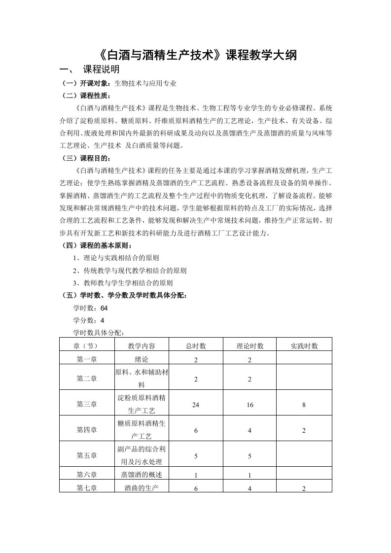 白酒与酒精生产技术教学大纲