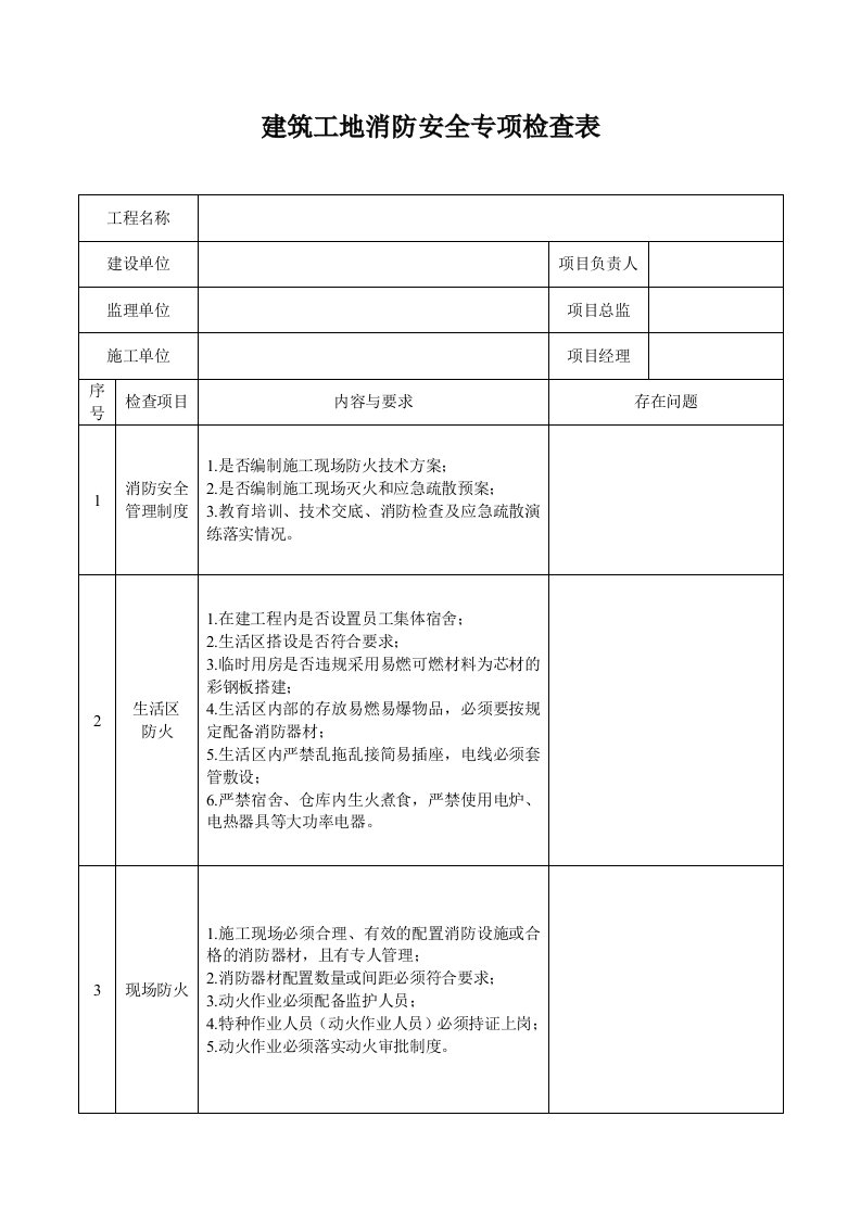 建筑工地消防安全专项检查表