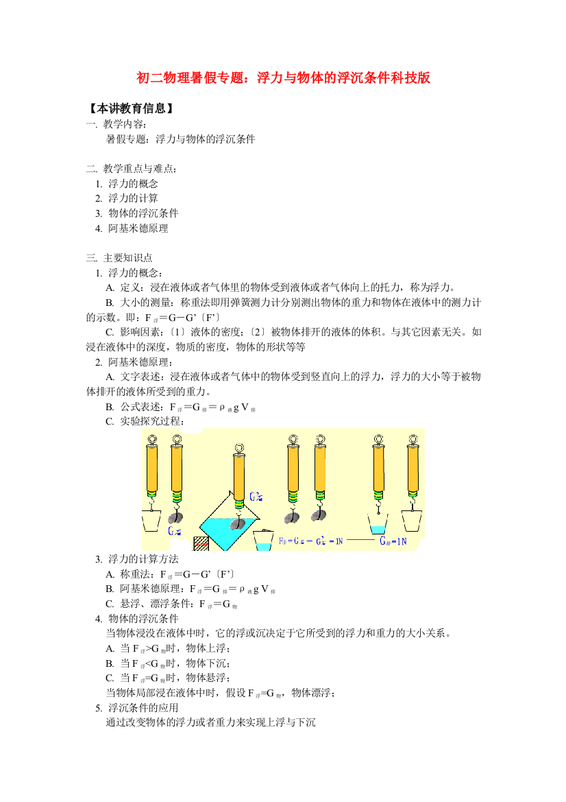 （整理版）初二物理暑假专题浮力与物体的浮沉条件科技