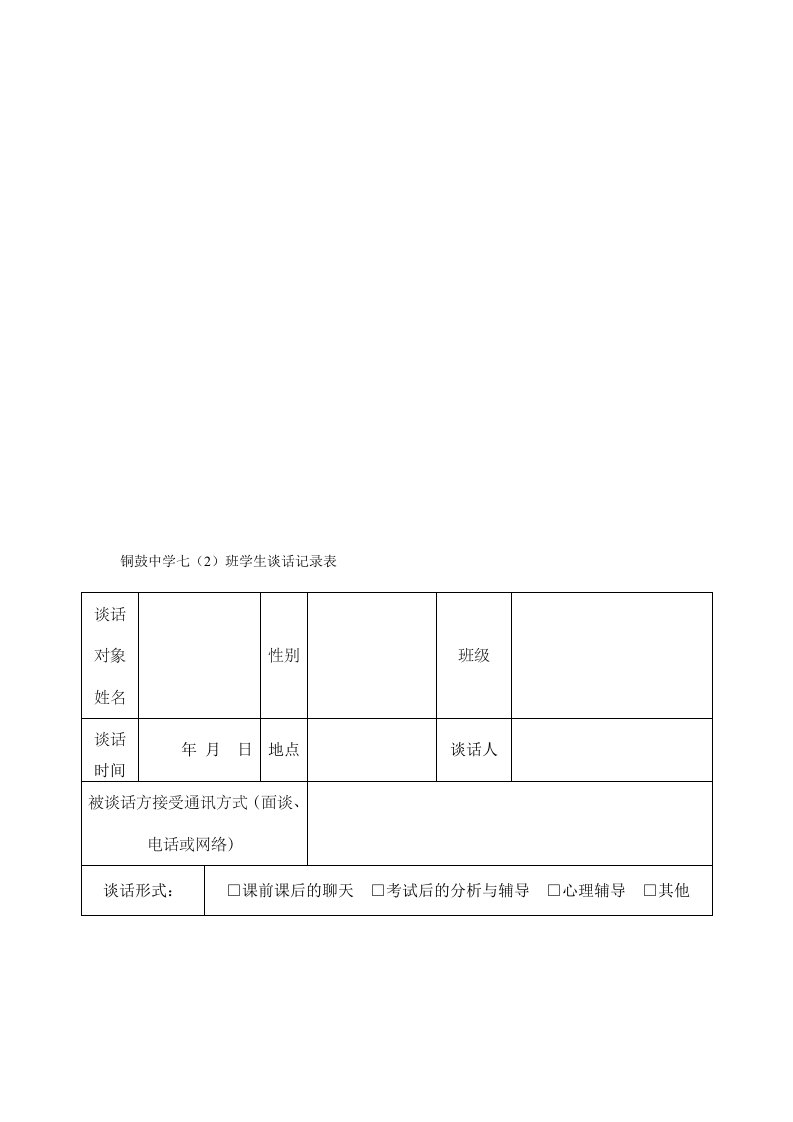 七(2)班学生谈话记录表