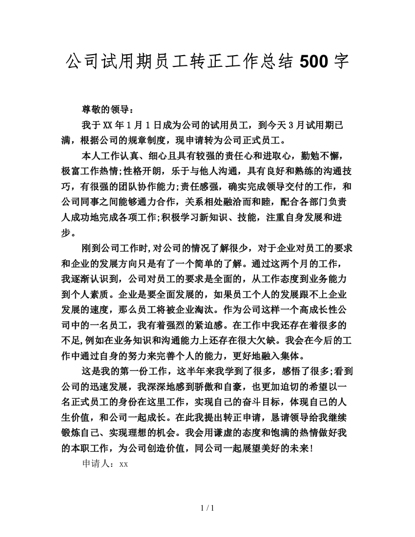 公司试用期员工转正工作总结500字