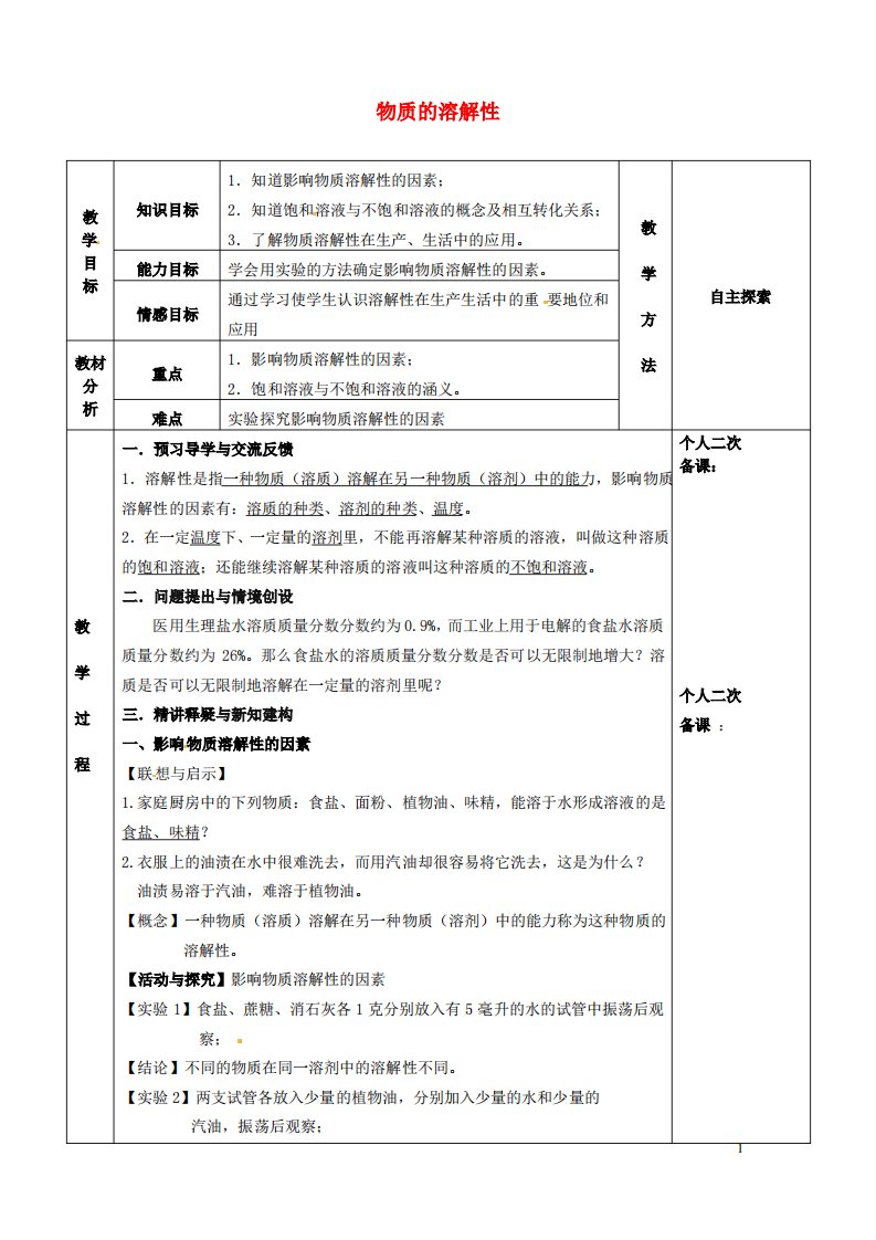 九年级化学全册第六章溶解现象6.3物质的溶解性教案1沪教版