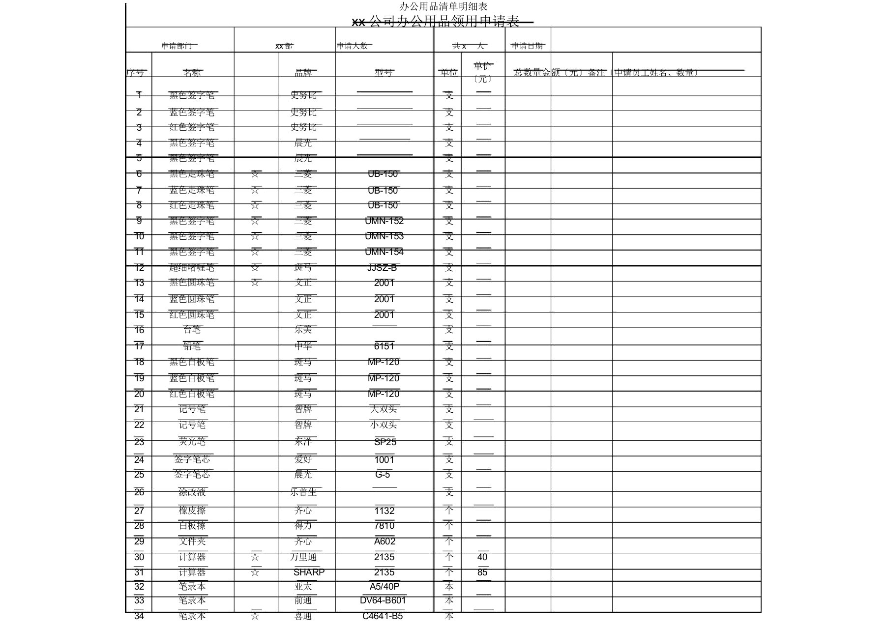 办公用品清单明细表