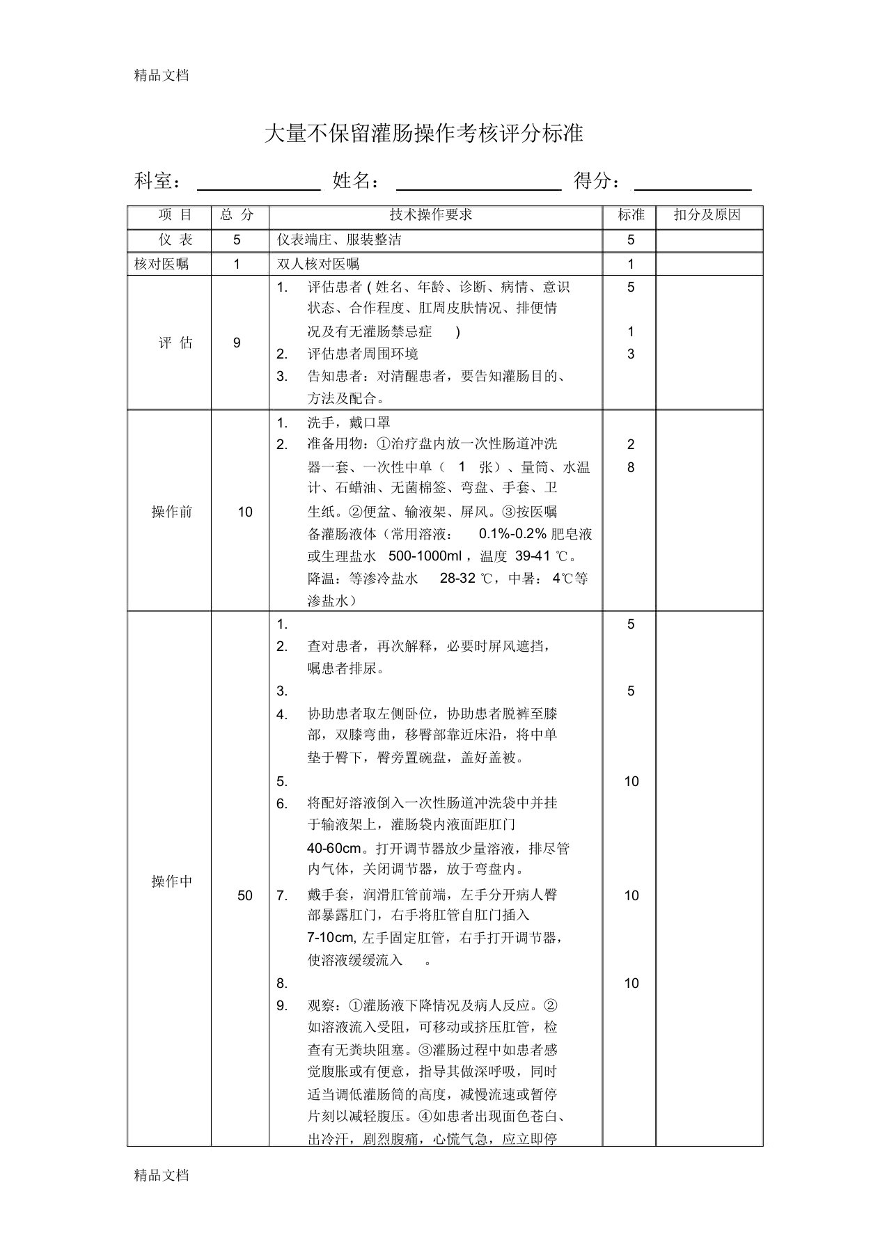 清洁灌肠技术操作评分标准(汇编)