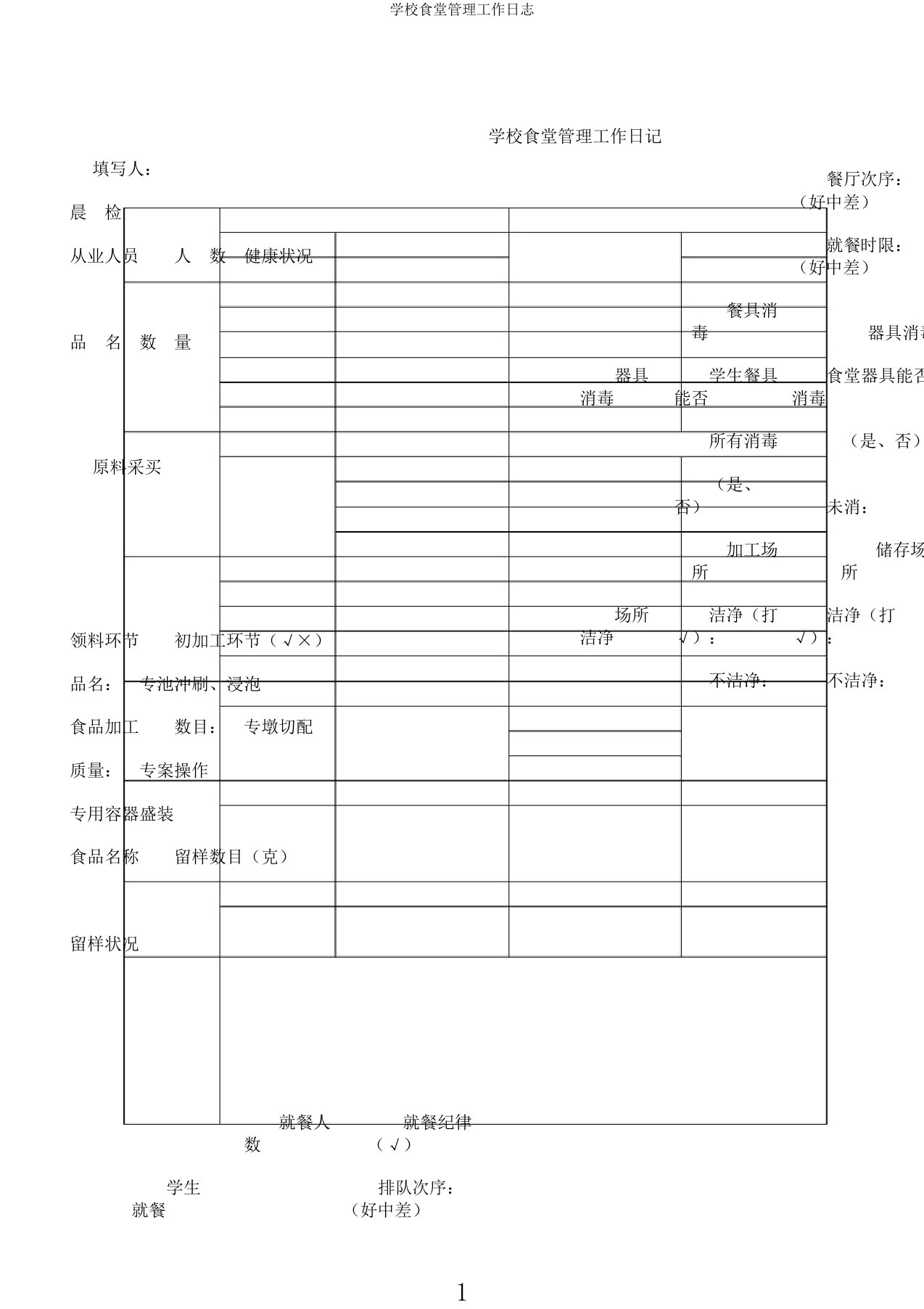 学校食堂管理工作日志