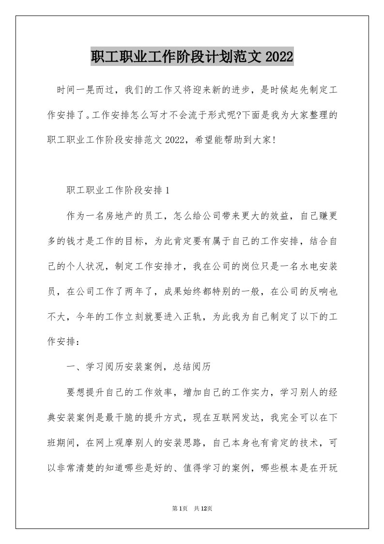 职工职业工作阶段计划范文2022