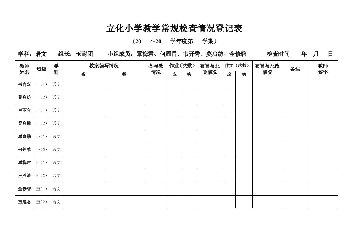 立化小学教学常规检查情况登记表