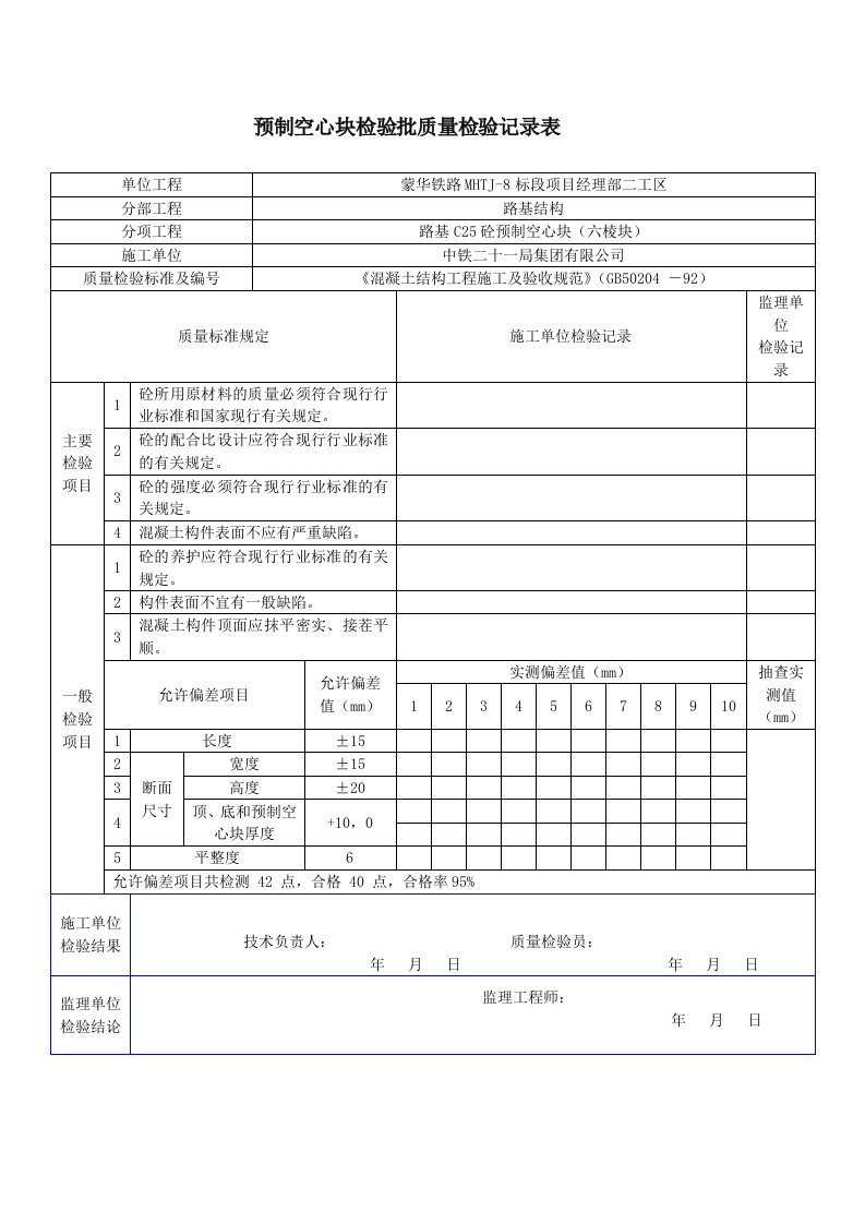 预制空心板检验批质量检验记录表