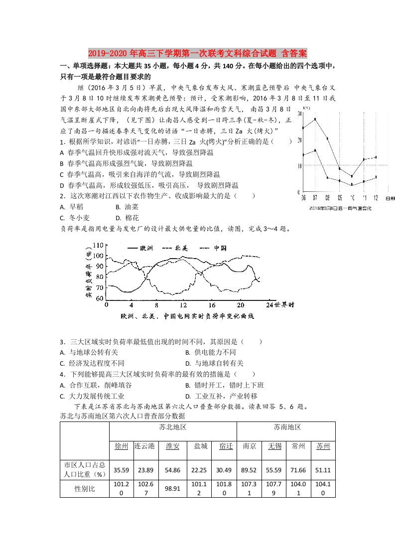 2019-2020年高三下学期第一次联考文科综合试题