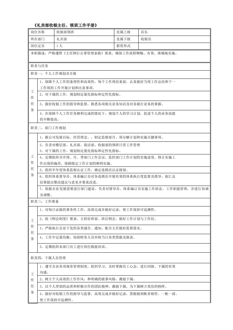 礼宾部收银主任、领班工作手册