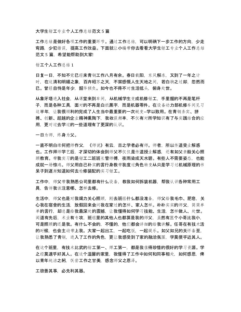 大学生钳工专业个人工作总结范文5篇