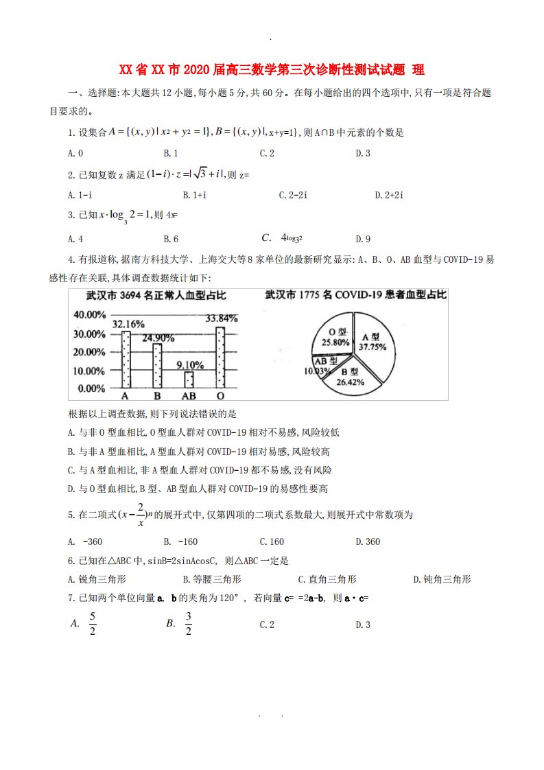 绵阳市2020届高三数学第三次诊断性测试试题