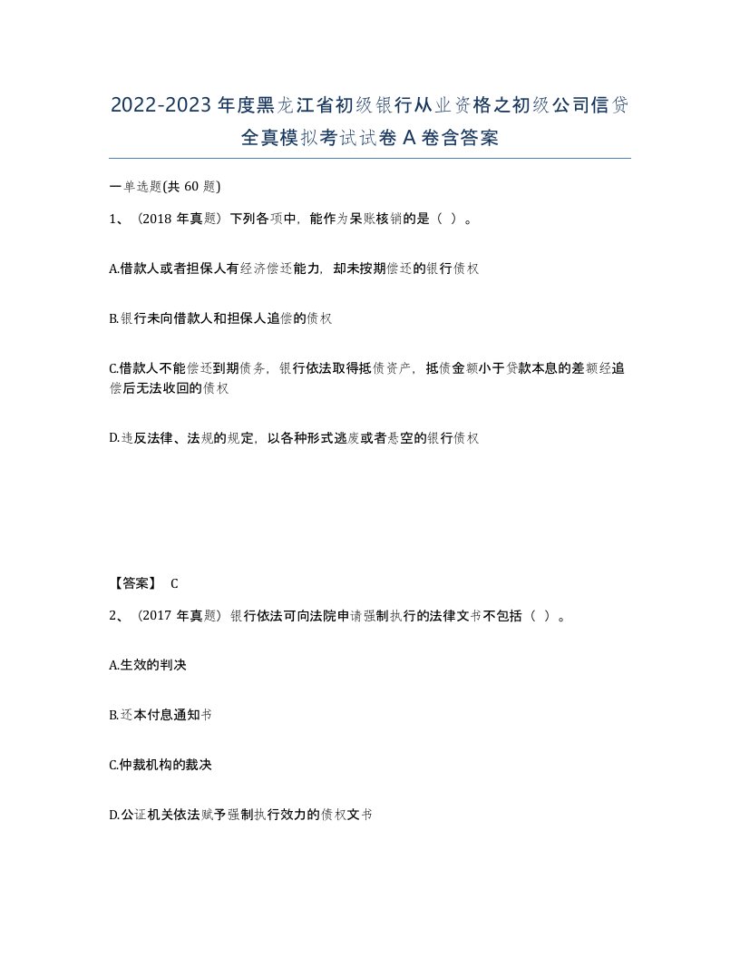 2022-2023年度黑龙江省初级银行从业资格之初级公司信贷全真模拟考试试卷A卷含答案