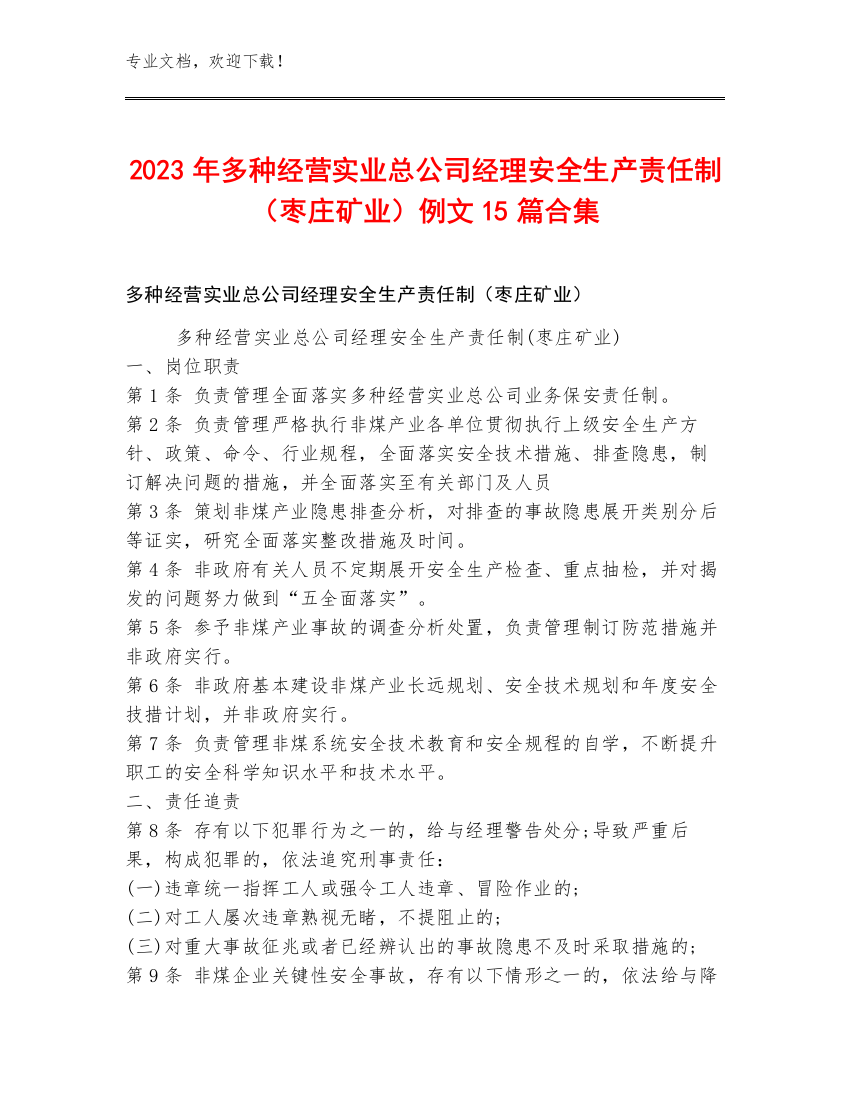 2023年多种经营实业总公司经理安全生产责任制（枣庄矿业）例文15篇合集