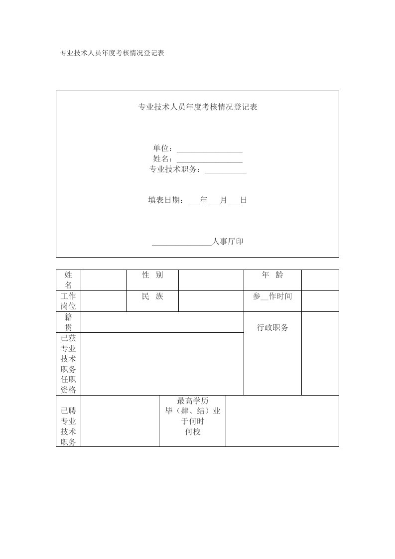 专业技术人员年度考核情况登记表