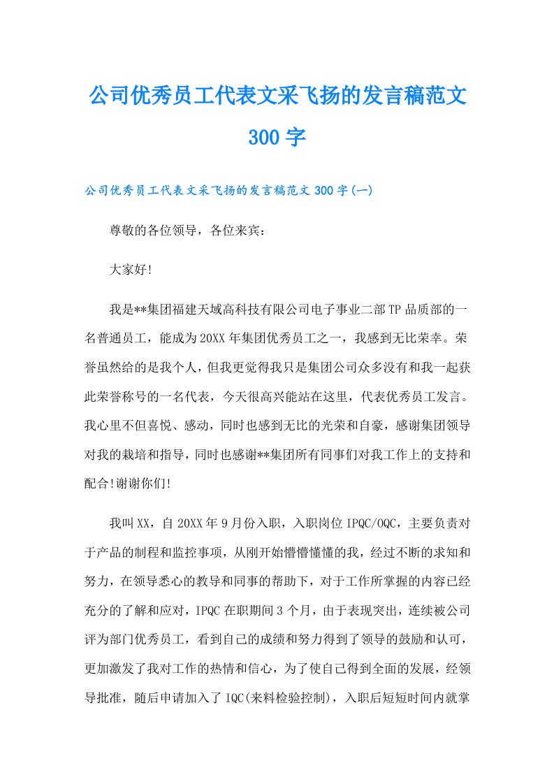 公司优秀员工代表文采飞扬的发言稿范文300字