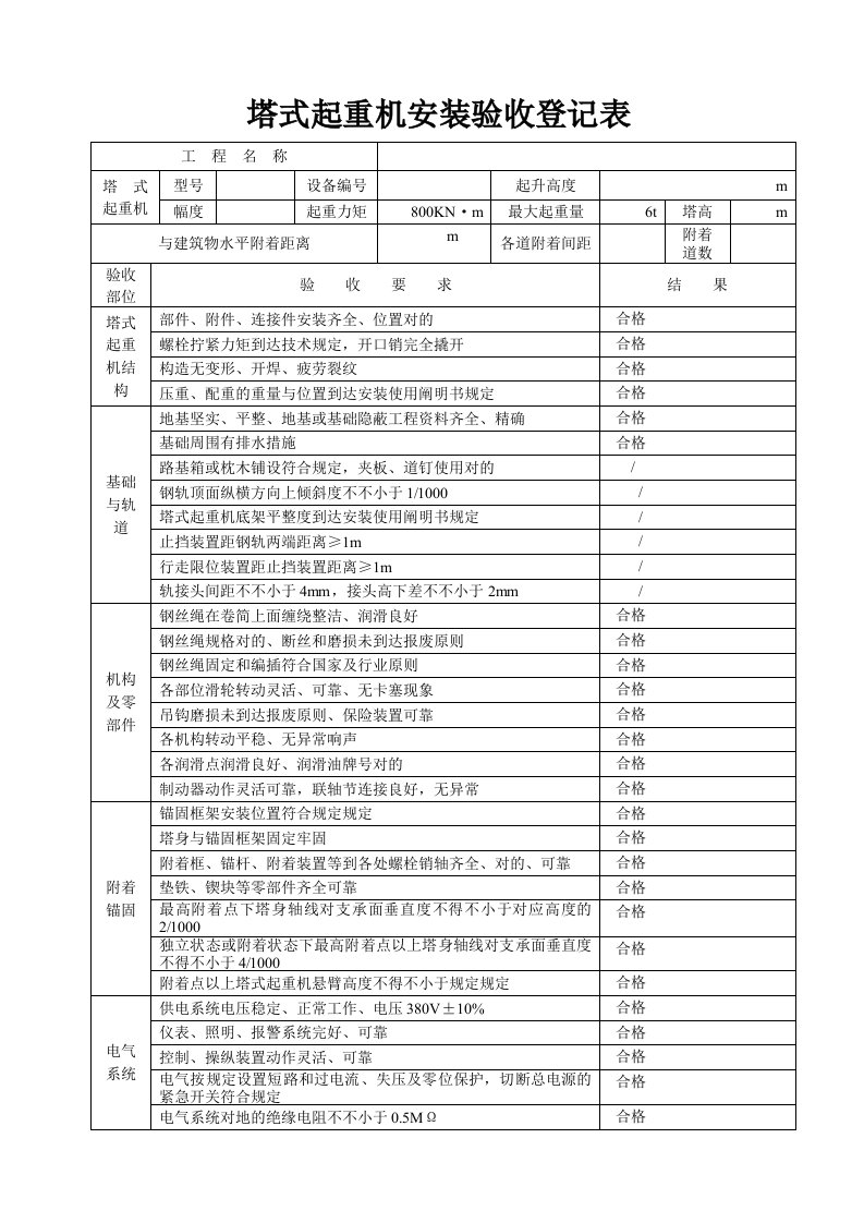 塔式起重机安装验收记录表