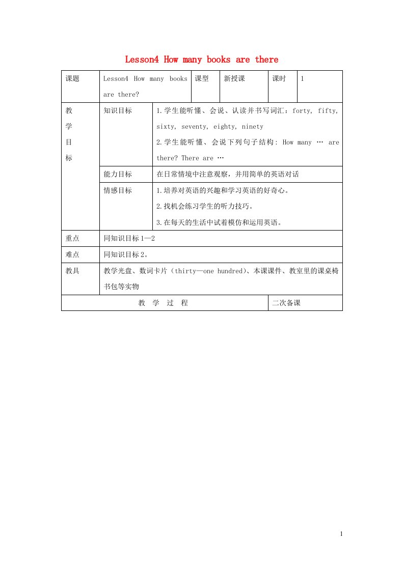 四年级英语下册Unit1HelloAgainLesson4HowManyBooksAreThere教案冀教版三起