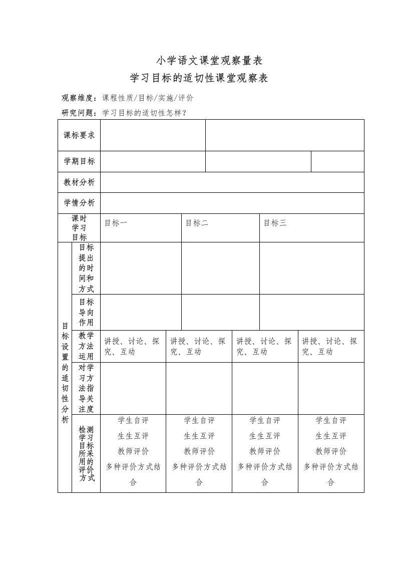 小学语文学科课堂观察量表