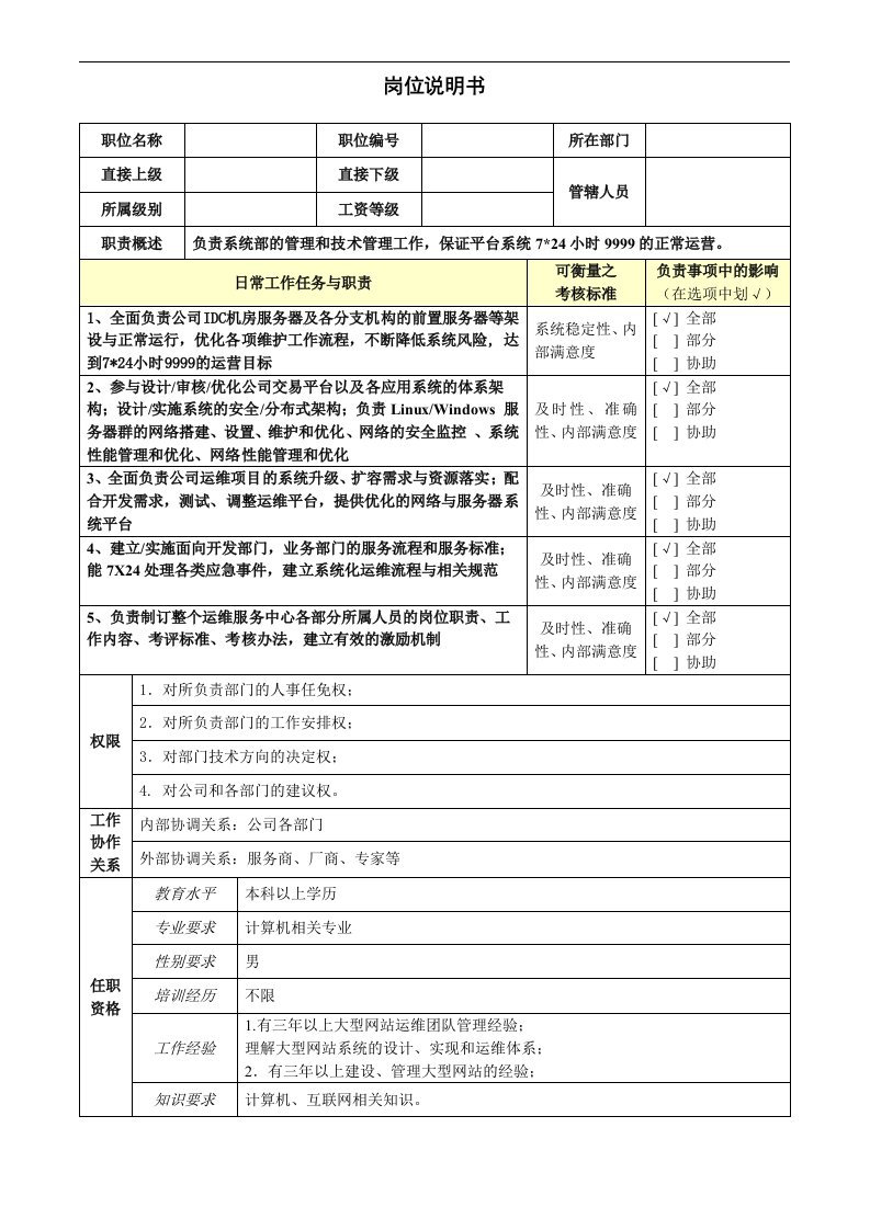 建筑资料-岗位说明书模板高级运维总监