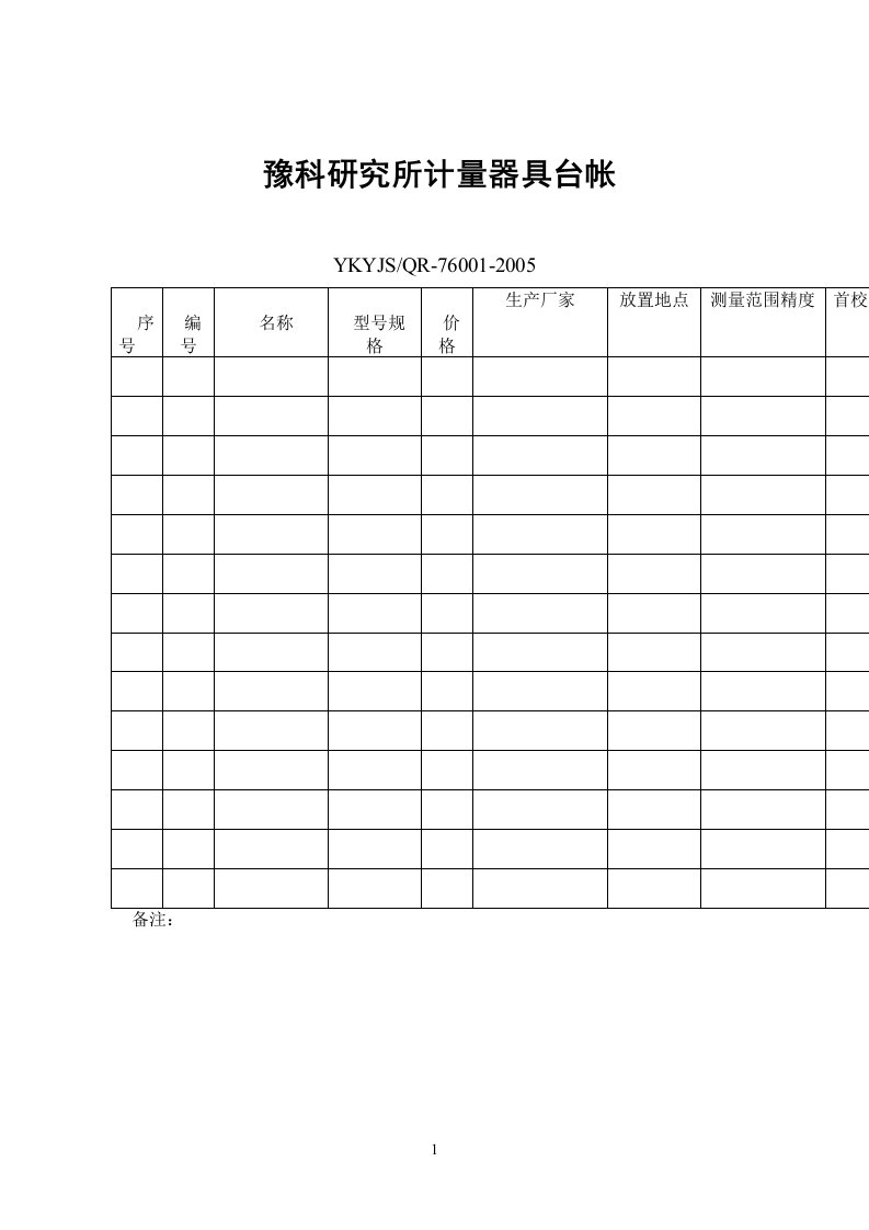 计量器具台账（表格模板、DOC格式）