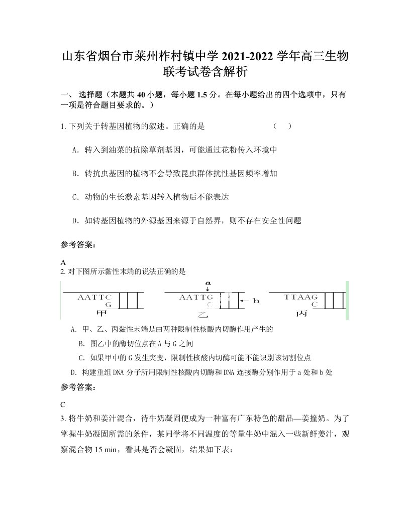 山东省烟台市莱州柞村镇中学2021-2022学年高三生物联考试卷含解析