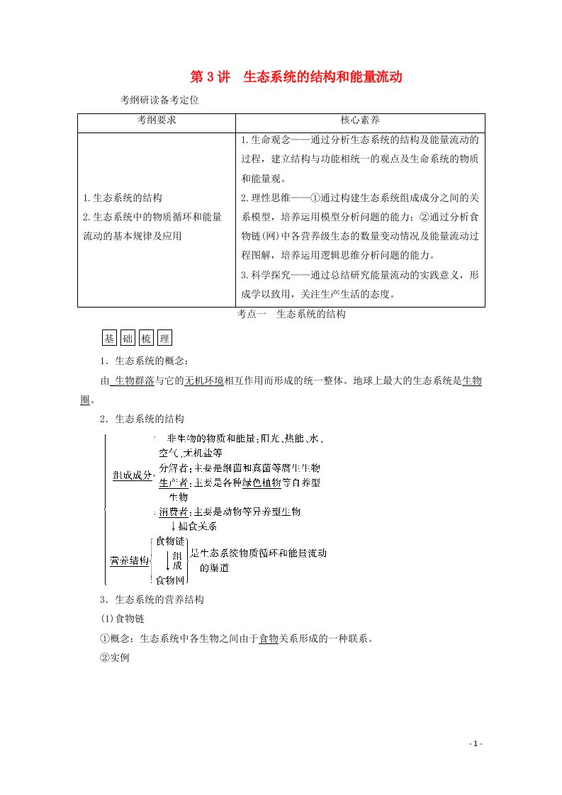 新高考2021高考生物一轮复习选择性必修部分模块2生物与环境第1单元生物与环境第3讲生态系统的结构和能量流动学案新人教版