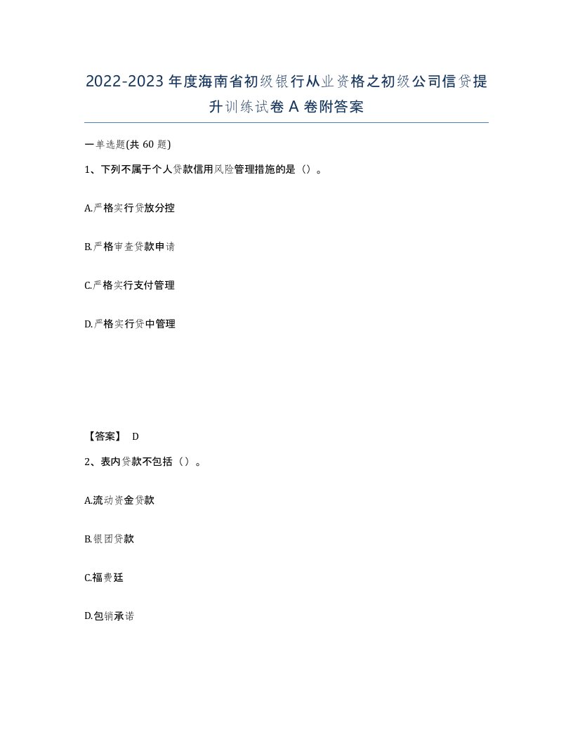 2022-2023年度海南省初级银行从业资格之初级公司信贷提升训练试卷A卷附答案