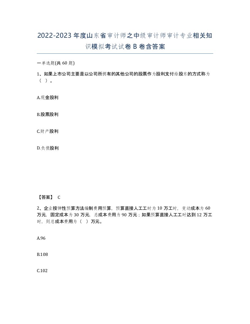 2022-2023年度山东省审计师之中级审计师审计专业相关知识模拟考试试卷B卷含答案