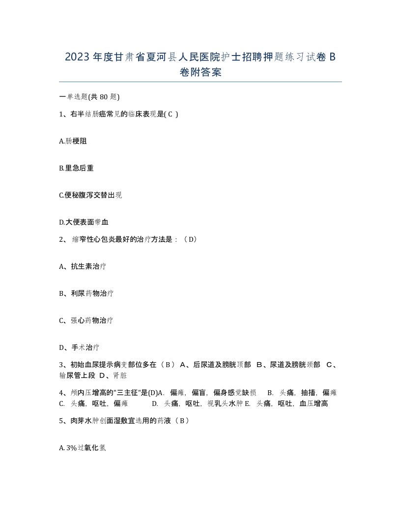 2023年度甘肃省夏河县人民医院护士招聘押题练习试卷B卷附答案