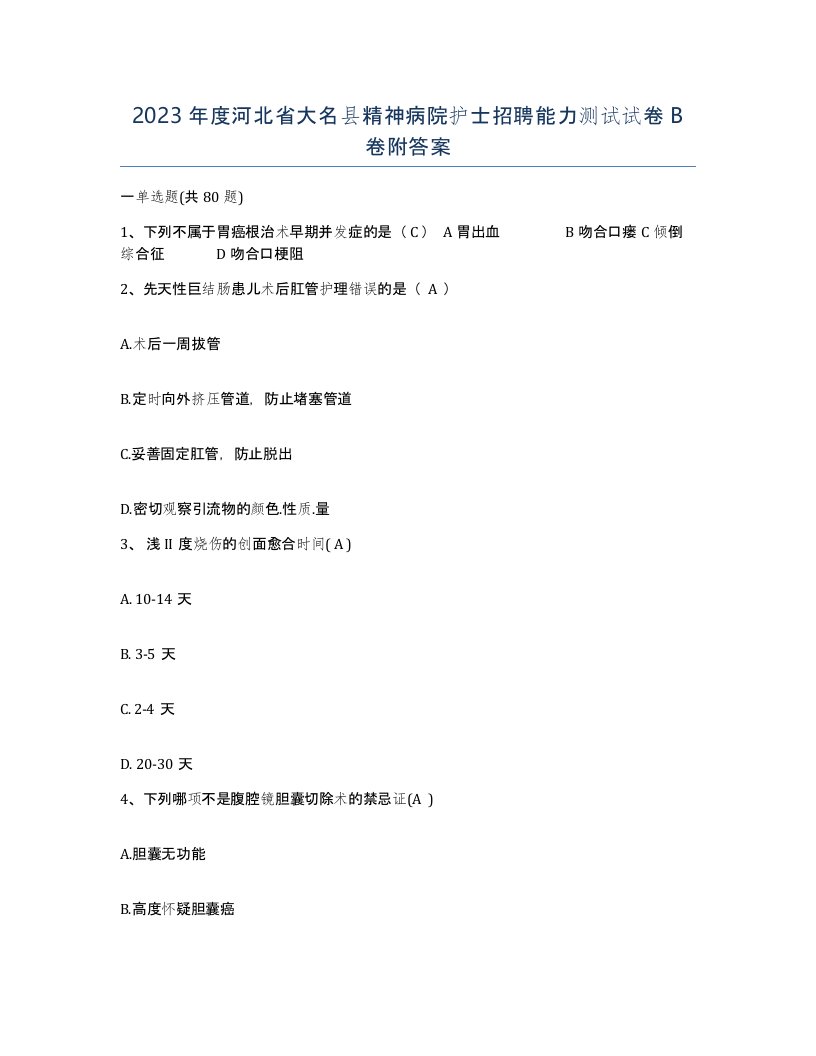 2023年度河北省大名县精神病院护士招聘能力测试试卷B卷附答案