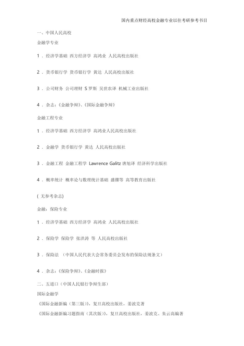 国内重点财经大学金融专业以往考研参考书目