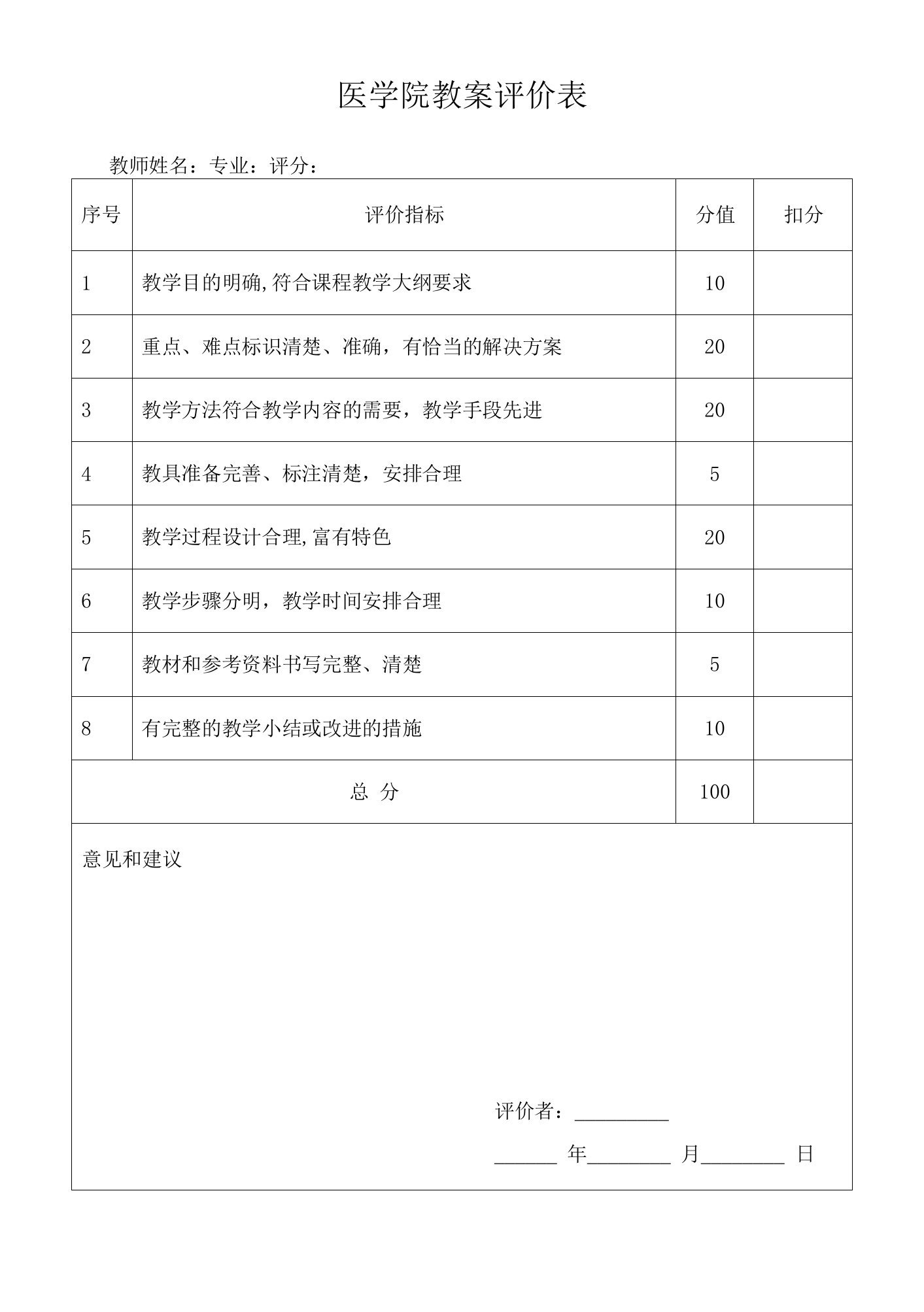 医学院教案评价表