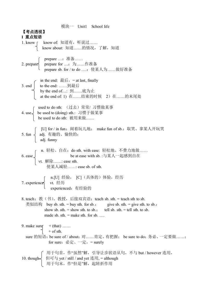 牛津英语高一(模块一至模块三)重点单词和短语