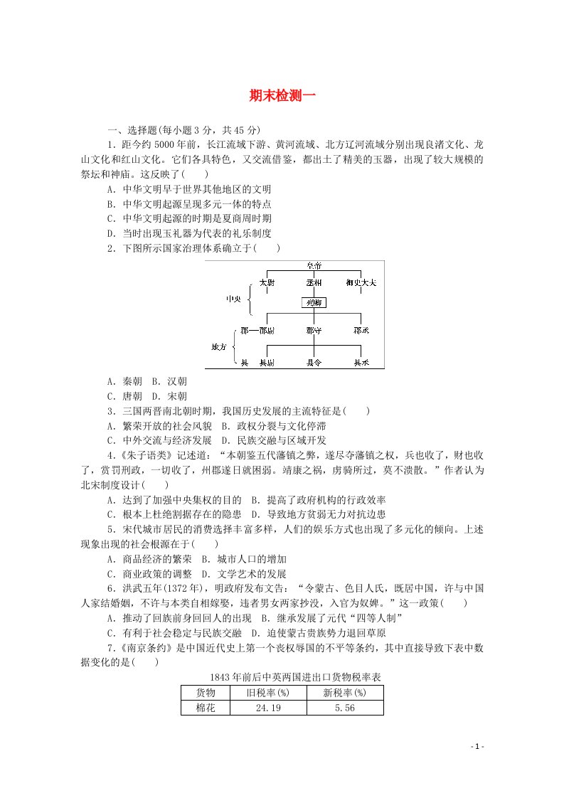 2020秋高中历史期末检测一练评测含解析新人教版必修中外历史纲要上