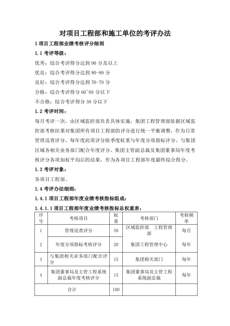 对项目工程部和施工单位的考评办法