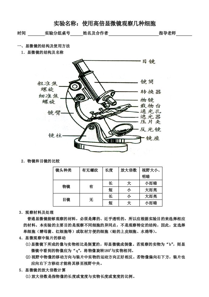 生物实验报告(使用高倍显微镜观察几种细胞)