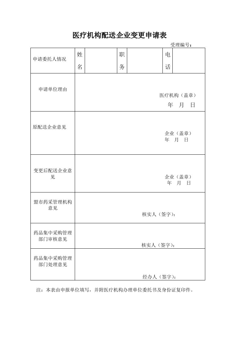 医疗机构配送企业变更申请表