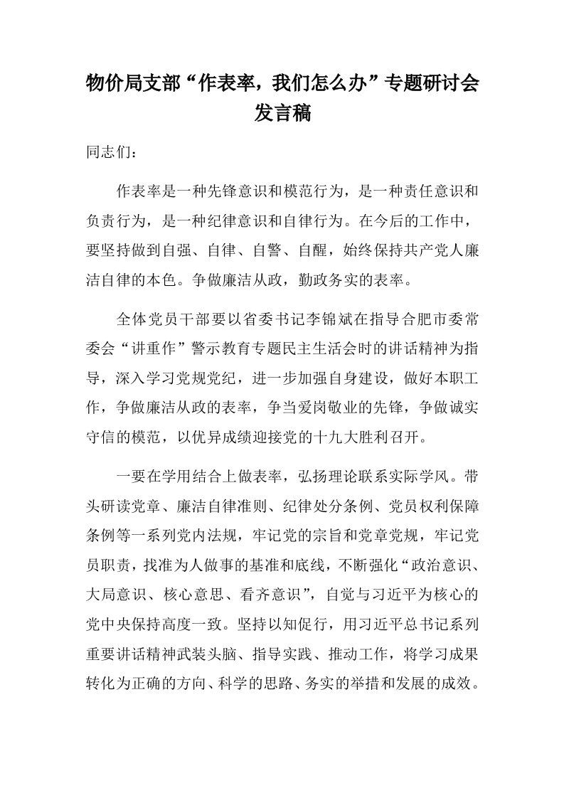 物价局支部作表率我们怎么办专题研讨会发言稿